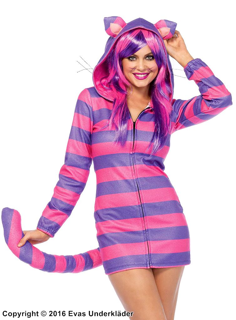 Female Cheshire Cat from Alice in Wonderland, costume dress, tail, ears, stripes